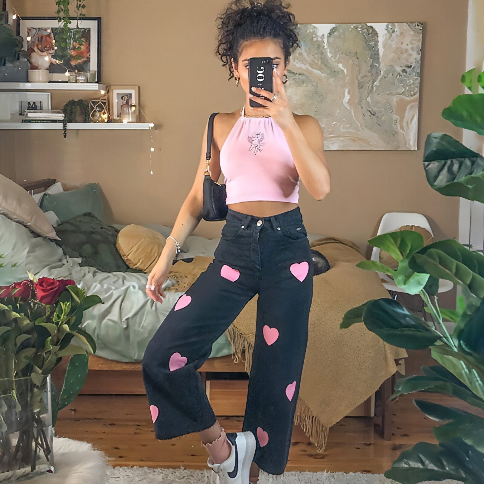 UrbanEase™ fashion jeans for women by Carmine Juneberry featuring love print design and classic denim style.