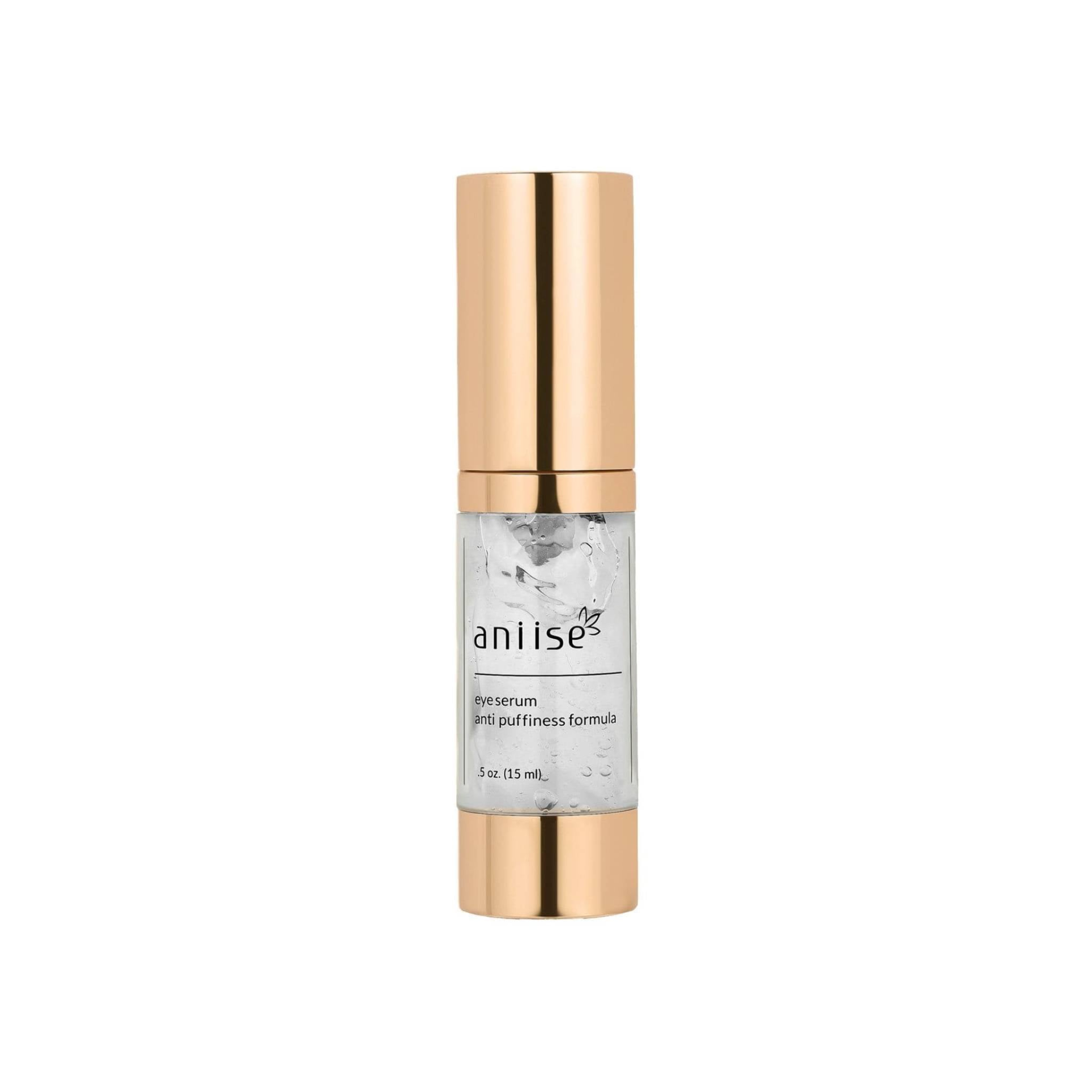 Start2Finish anti-puffiness eye serum bottle with applicator for reducing under-eye puffiness and dark circles.