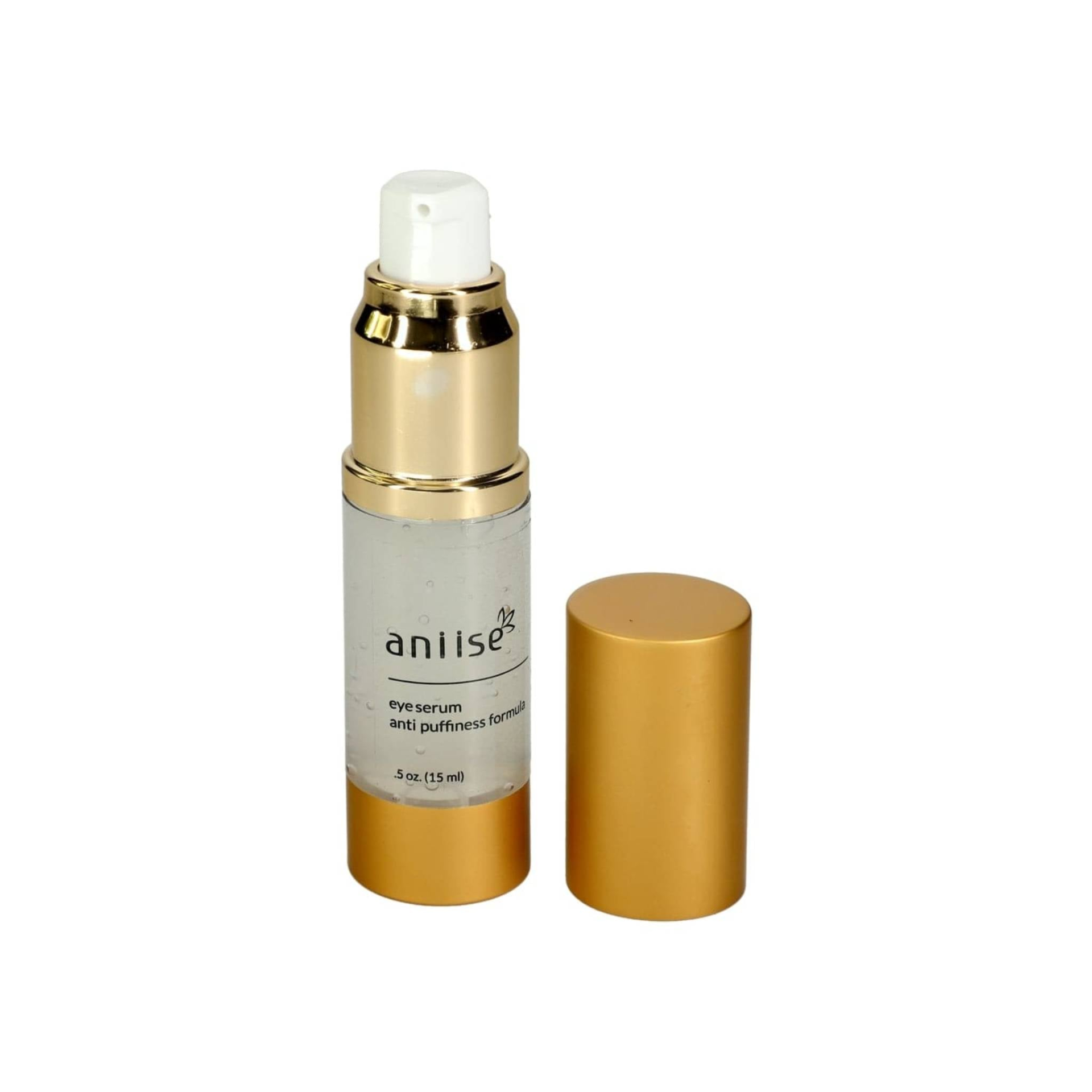 Start2Finish Anti-Puffiness Eye Serum bottle with applicator, designed to reduce under-eye puffiness and brighten skin.