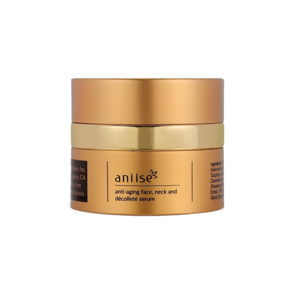 Start2Finish anti-aging face, neck, and décolleté serum in a sleek bottle, designed to improve skin firmness and reduce wrinkles.