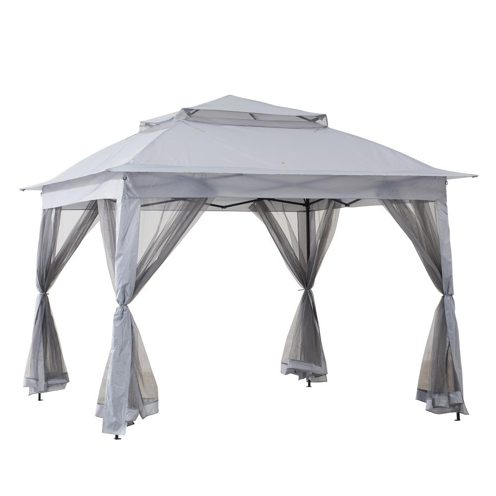 Gray 11 ft. x 11 ft. Start2Finish portable steel gazebo with pop-up design and sturdy frame for outdoor shade and shelter.