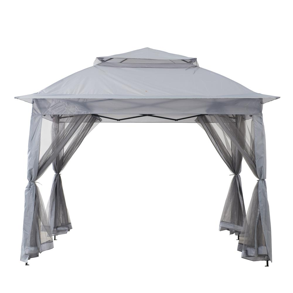 Gray 11 ft. x 11 ft. portable steel gazebo from Start2Finish, shown set up outdoors with sturdy frame and fabric canopy.