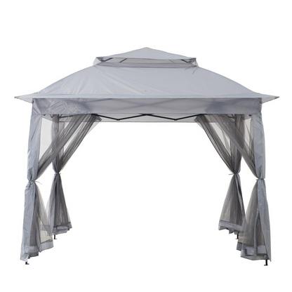 Gray 11 ft. x 11 ft. portable steel gazebo from Start2Finish, shown set up outdoors with sturdy frame and fabric canopy.
