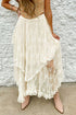 Taupe Oliver Munsieur lace tiered midi skirt featuring intricate lace details and a flowing, layered design for women.