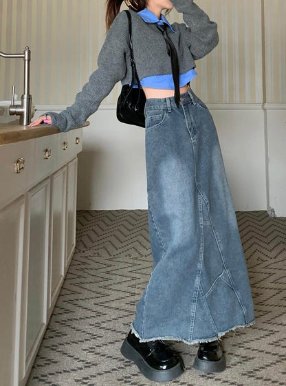 High-waisted skinny denim skirt for girls by Carmine Juneberry, featuring a fitted design and classic blue denim fabric.