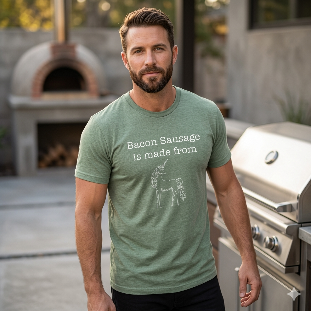 Start2Finish bacon sausage made from T-shirt with humorous printed design on soft fabric, casual apparel for food lovers.