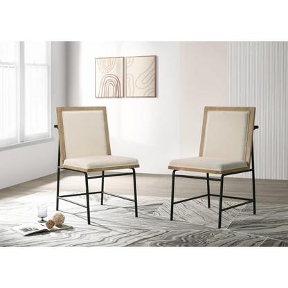Pair of Start2Finish Torrance oak finish dining chairs with sleek wooden frames and cushioned seats, shown from a side view.