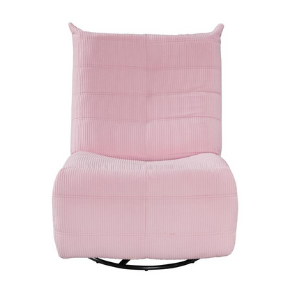 Pink corduroy swivel glider recliner by Start2Finish with plush cushioning and a sleek, modern design perfect for living rooms.