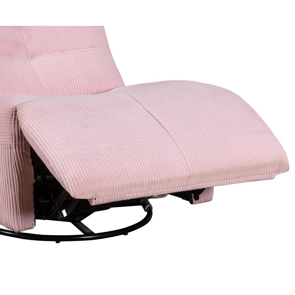 Pink corduroy swivel glider recliner by Start2Finish featuring plush fabric, cushioned armrests, and a comfortable reclining design.