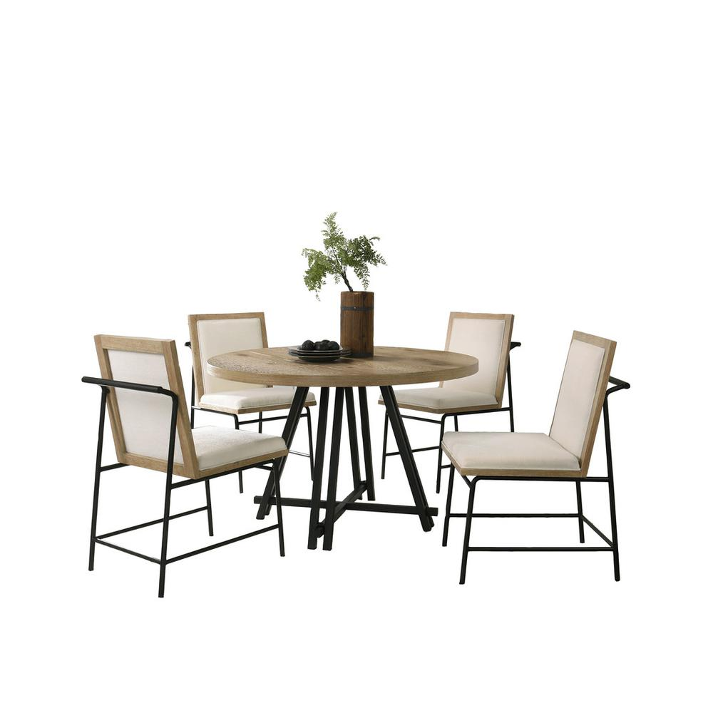 Start2Finish Tate oak finish 47-inch round dining table with cream upholstered chairs, showcasing a stylish furniture set.