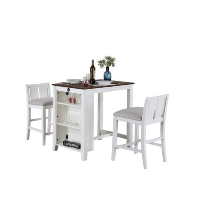 Start2Finish 3-piece white counter height dining table set with shelves, designed for small spaces, featuring a modern, compact furniture style.