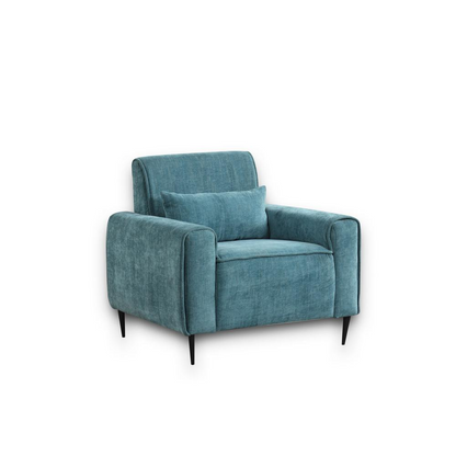 Valentina blue chenille chair with metal legs and matching throw pillow, stylish furniture piece from Start2Finish.