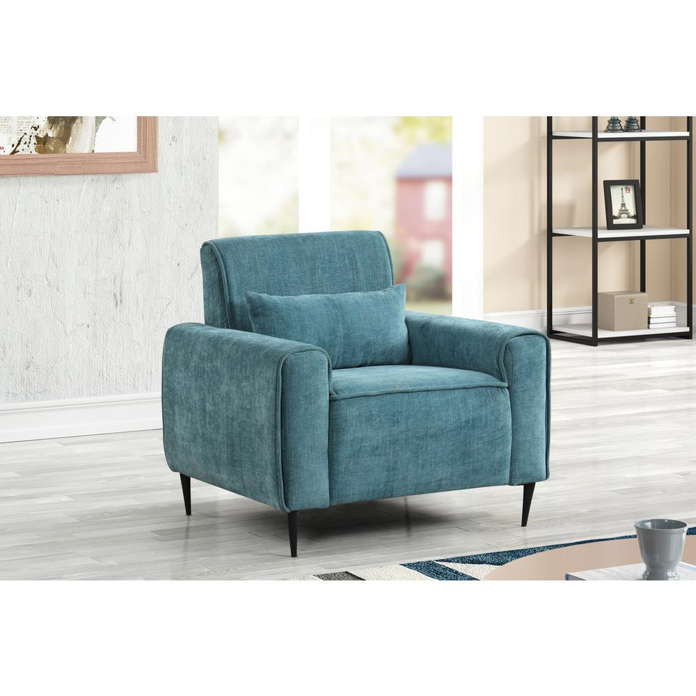 Blue chenille Valentina chair with metal legs and a matching throw pillow, modern furniture piece by Start2Finish.