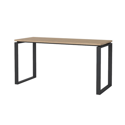Home office writing desk in Jackson Hickory and matte grey finish, featuring a spacious work surface and modern furniture design.