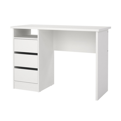 White Wes Home Office Writing Desk with 3 drawers and open shelf from Start2Finish, showcasing a sleek workspace surface.