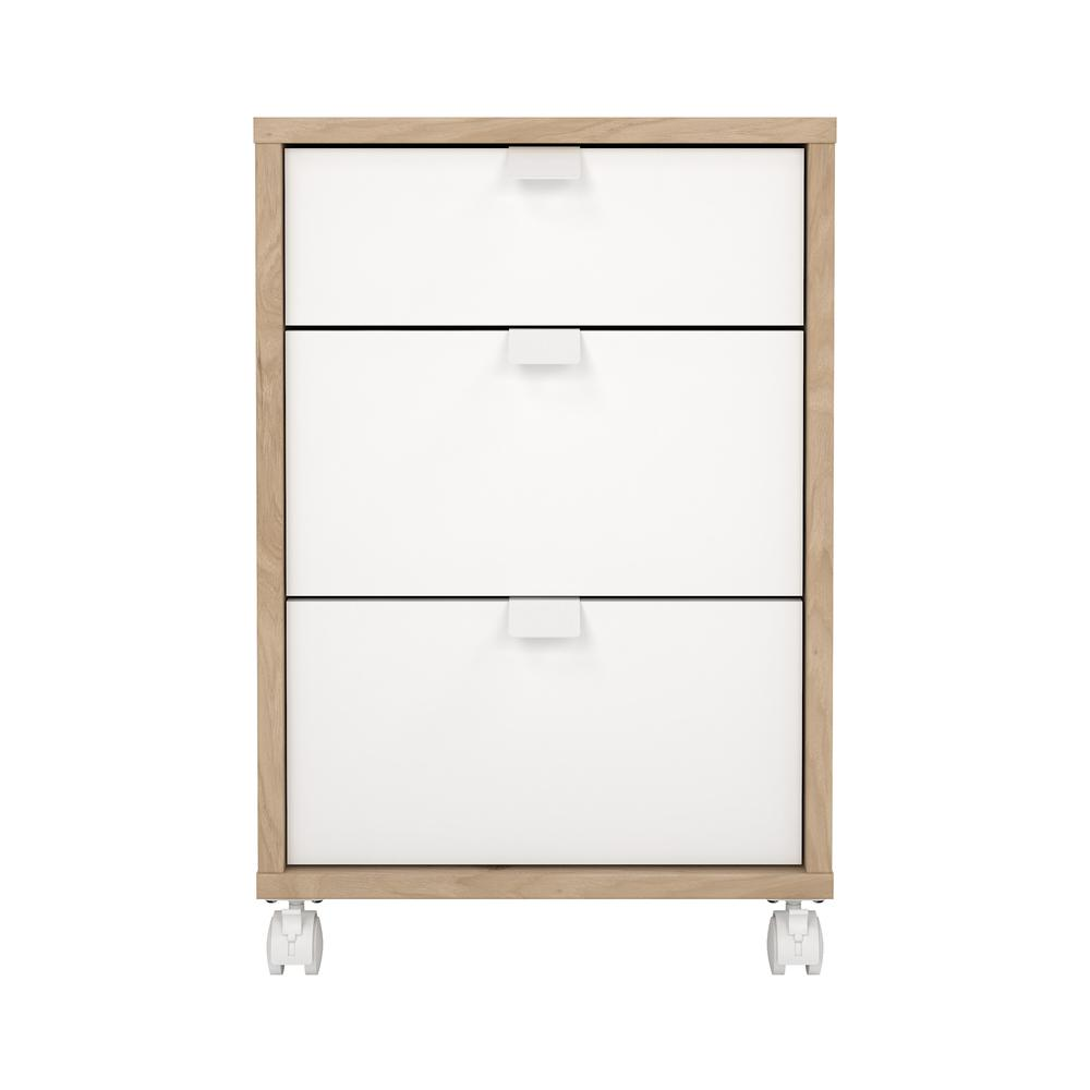 Start2Finish Sign 3 Drawer Mobile Cabinet in Jackson Hickory and White with metal handles and caster wheels for easy mobility.