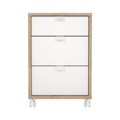 Start2Finish Sign 3 Drawer Mobile Cabinet in Jackson Hickory and White with metal handles and caster wheels for easy mobility.