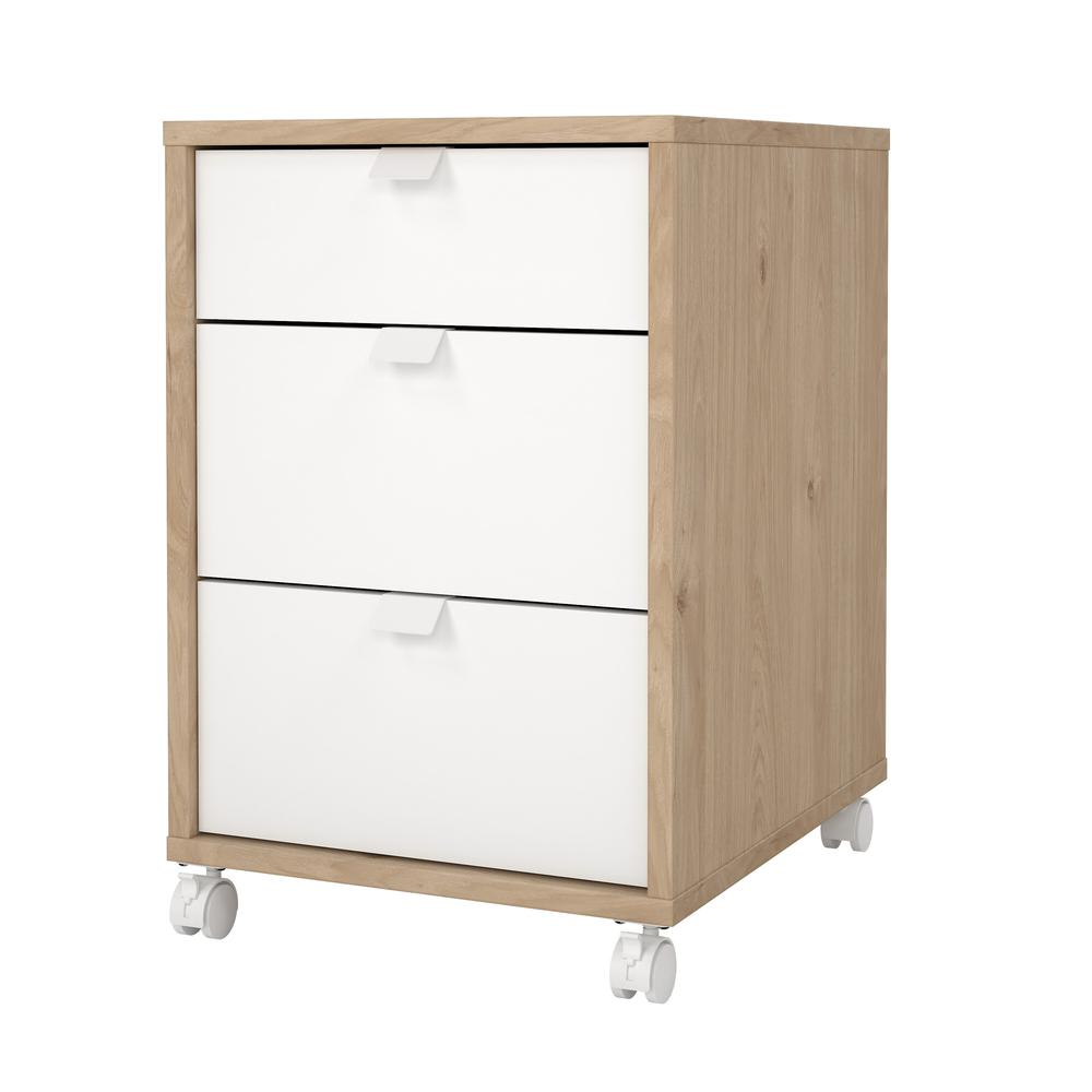 Jackson Hickory and white 3-drawer mobile cabinet from Start2Finish, featuring a modern furniture design and smooth drawer handles.