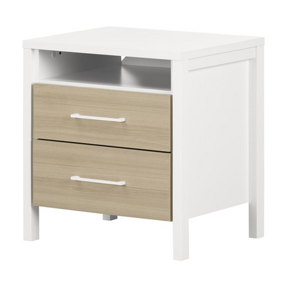 White Munich 2-drawer nightstand with soft elm finish, featuring sleek furniture design and modern hardware.