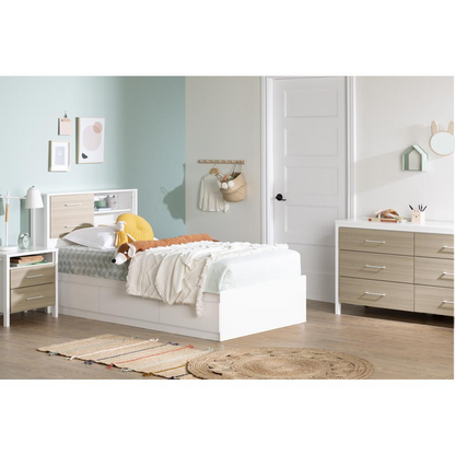 White Munich 2-drawer nightstand with soft elm finish, sleek furniture piece with modern handles and clean design.