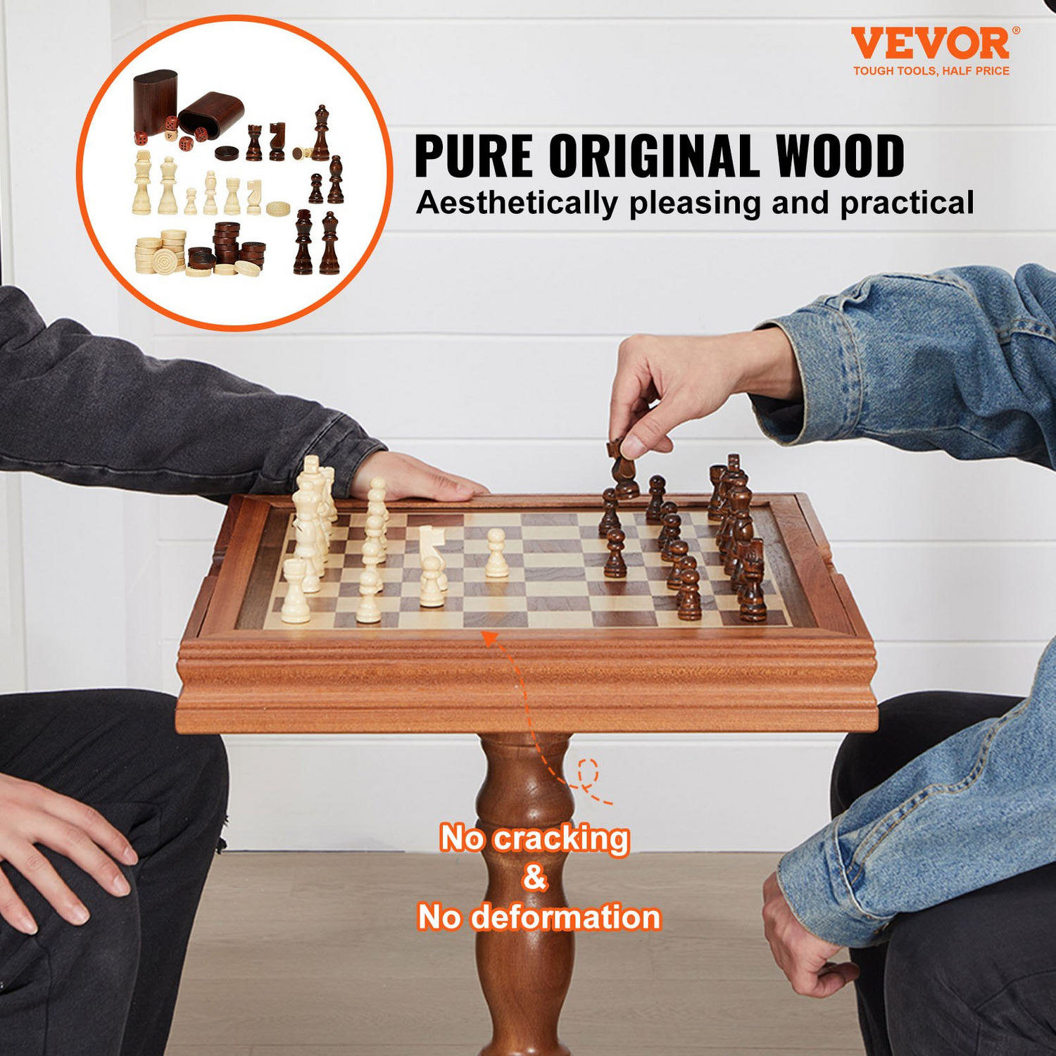 Start2Finish VEVOR 3-in-1 wooden chess, checkers, and backgammon game table set with 18-inch board for family fun and entertainment.
