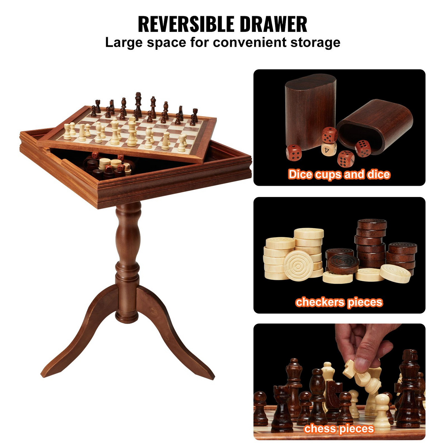 Start2Finish VEVOR 3-in-1 chess, checkers, backgammon wooden game table with 18-inch board for family game nights.