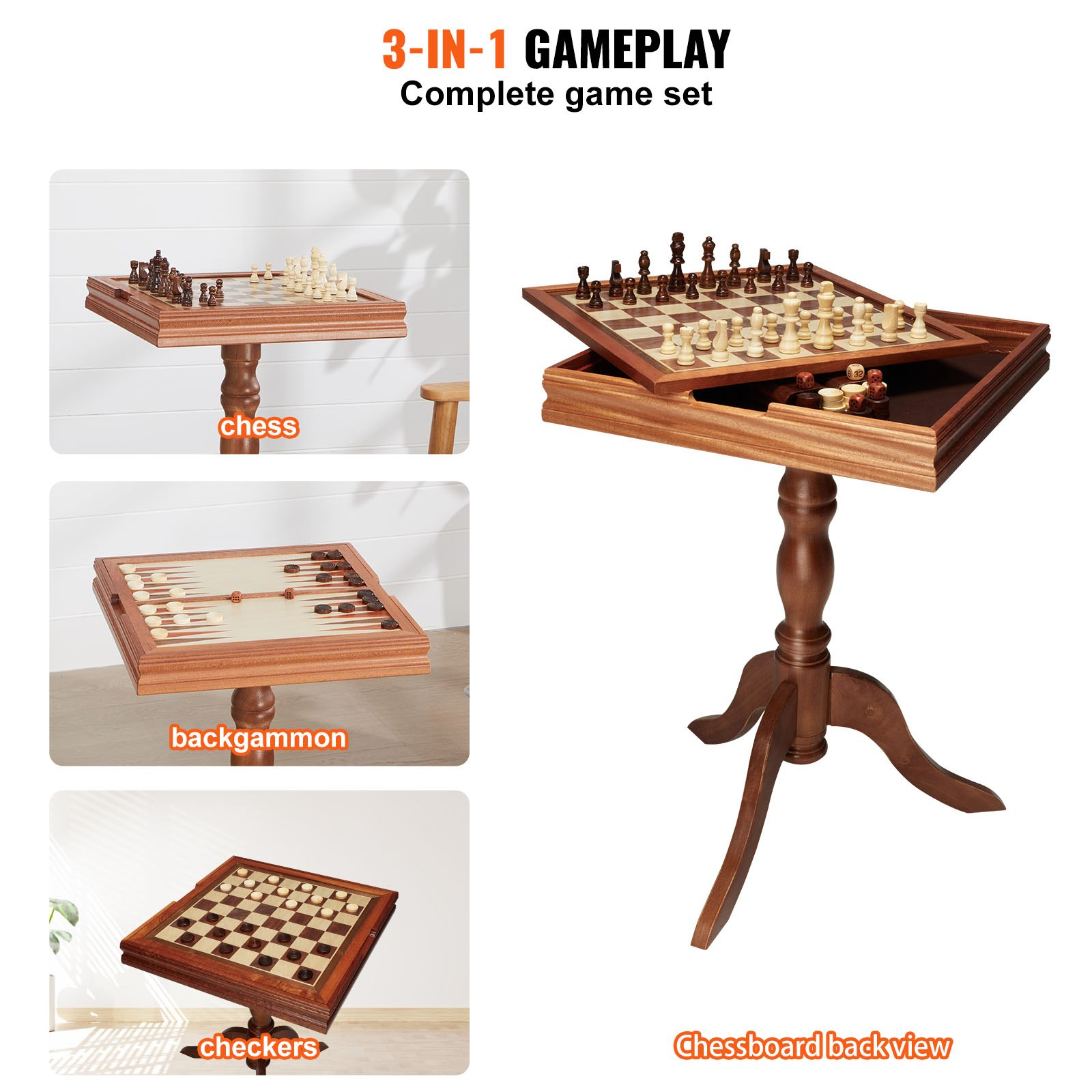 Start2Finish VEVOR 3-in-1 wooden game table featuring chess, checkers, and backgammon, ideal for family board game fun.