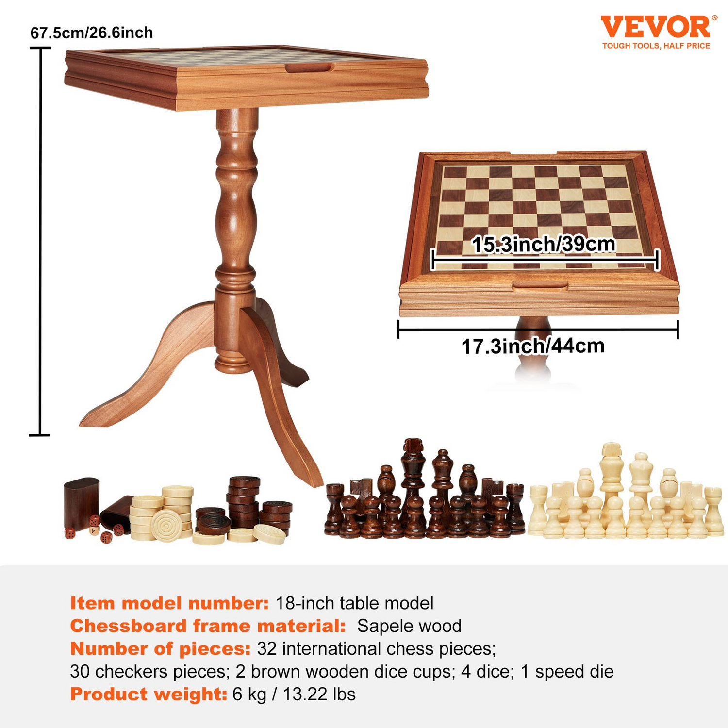 Start2Finish VEVOR 3-in-1 wooden chess, checkers, and backgammon game table set with an 18-inch board for family fun.