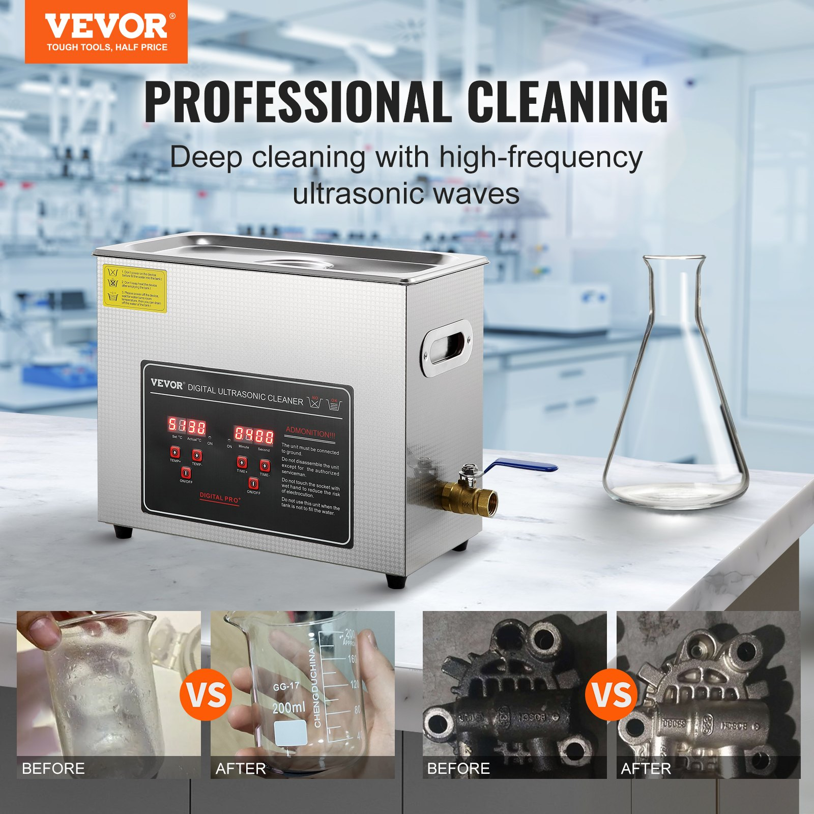 Start2Finish VEVOR ultrasonic jewelry cleaner with digital timer and heater, stainless steel 6L cleaning machine for small parts and jewelry.