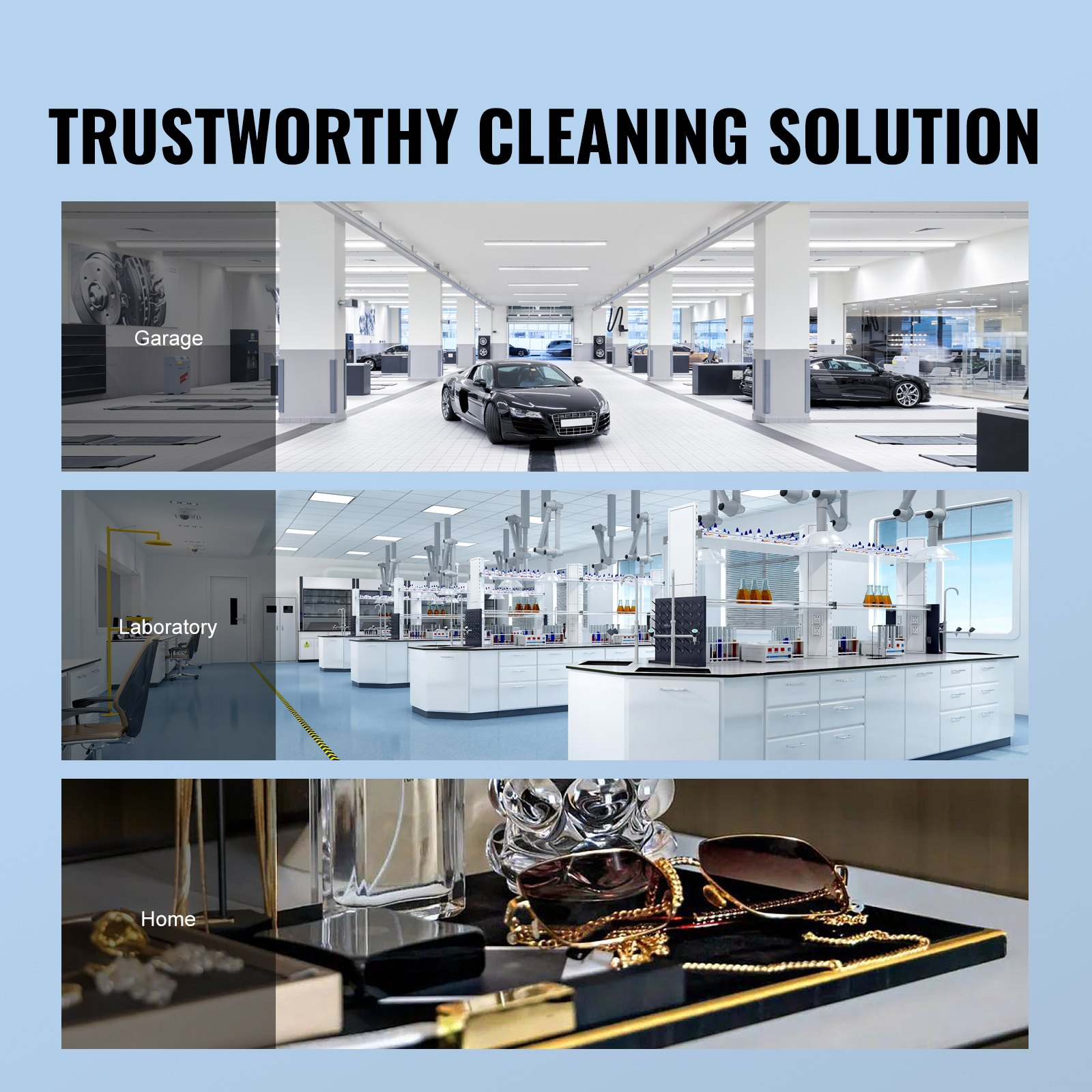 Start2Finish VEVOR ultrasonic jewelry cleaner with digital timer, heater, stainless steel tank for glasses, watches, rings, and small parts.