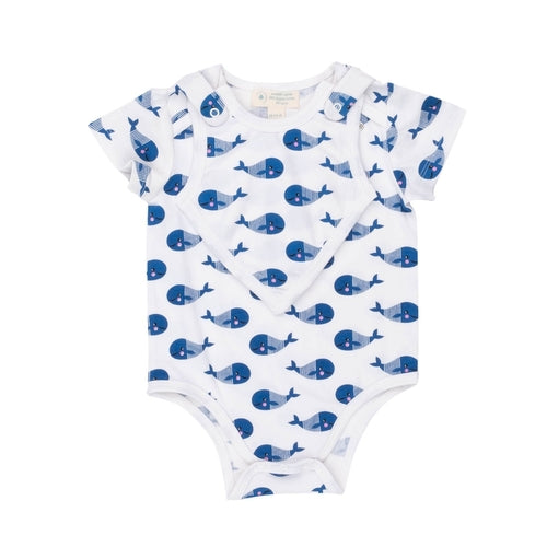 Blue whale print short sleeve baby bodysuit and matching bib by Fuchsia Milo, soft cotton baby clothing for infants.