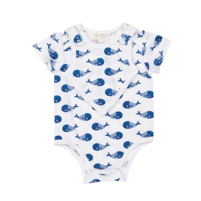 Blue whale print short sleeve baby bodysuit and matching bib by Fuchsia Milo, soft cotton baby clothing for infants.