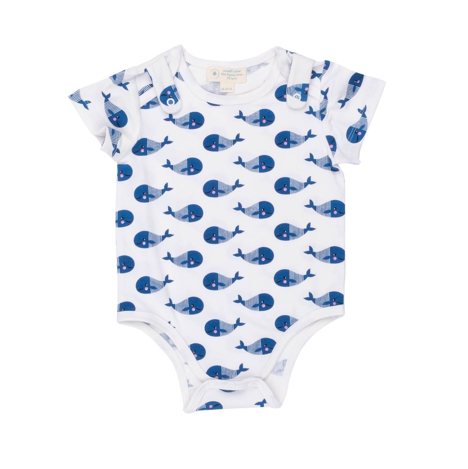 Blue whale-designed short sleeve baby bodysuit and bib by Fuchsia Milo, soft cotton baby clothing for infants.
