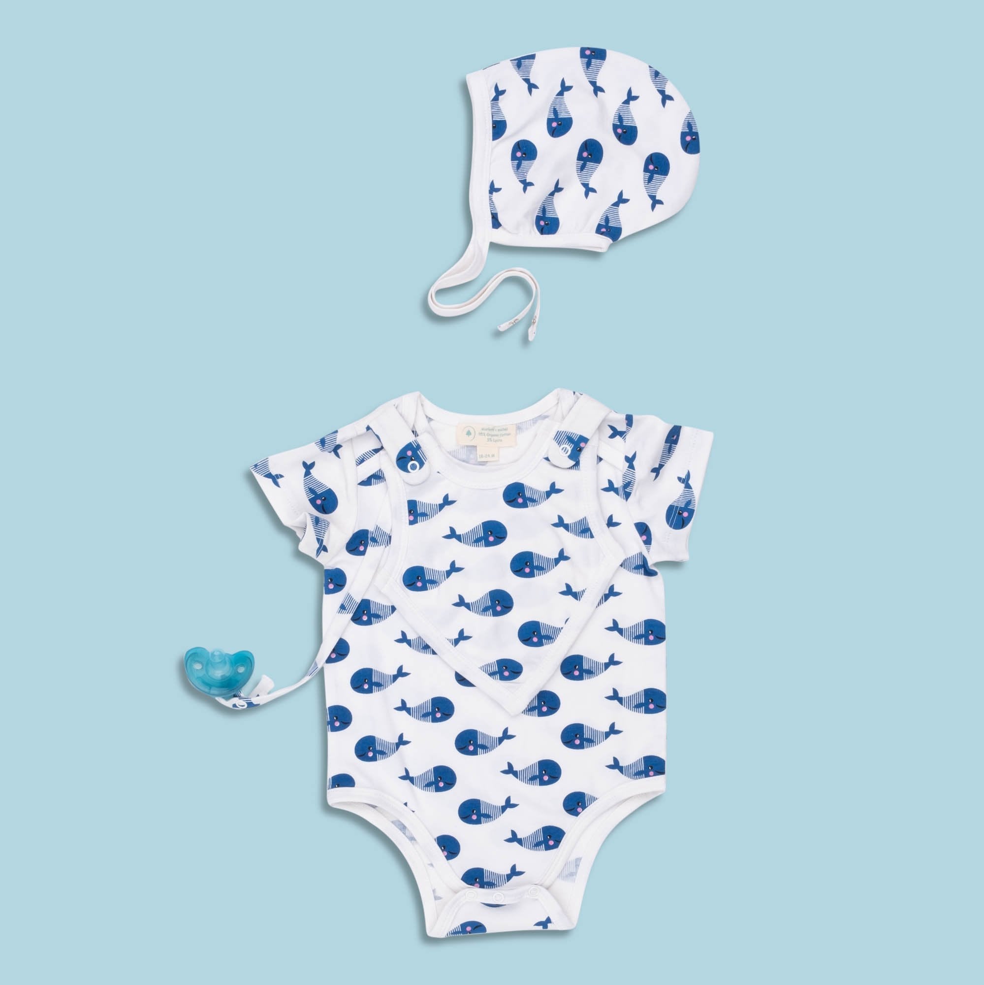 Blue whale print baby bodysuit and bib set from Fuchsia Milo, short sleeve baby clothing for infants.