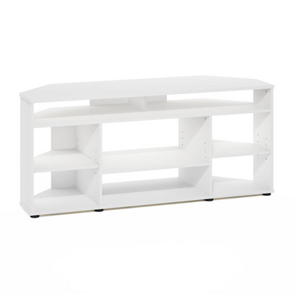 White Jensen corner TV stand for TVs up to 55 inches, made by Start2Finish, featuring a modern furniture design.