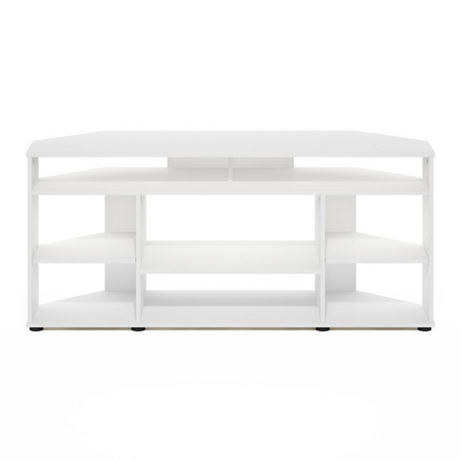 White Jensen corner TV stand for TVs up to 55 inches, made by Start2Finish, featuring a modern furniture design.