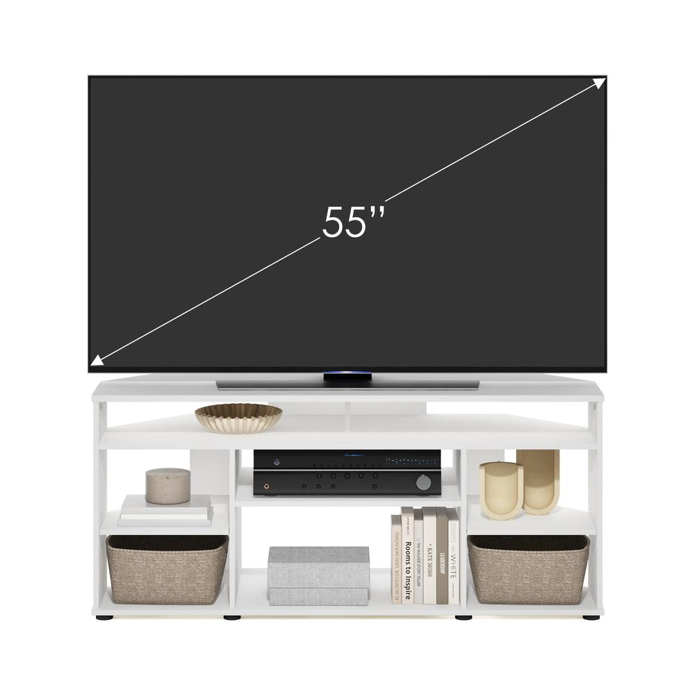 White Jensen corner TV stand for TVs up to 55 inches, modern furniture piece by Start2Finish with storage compartments.