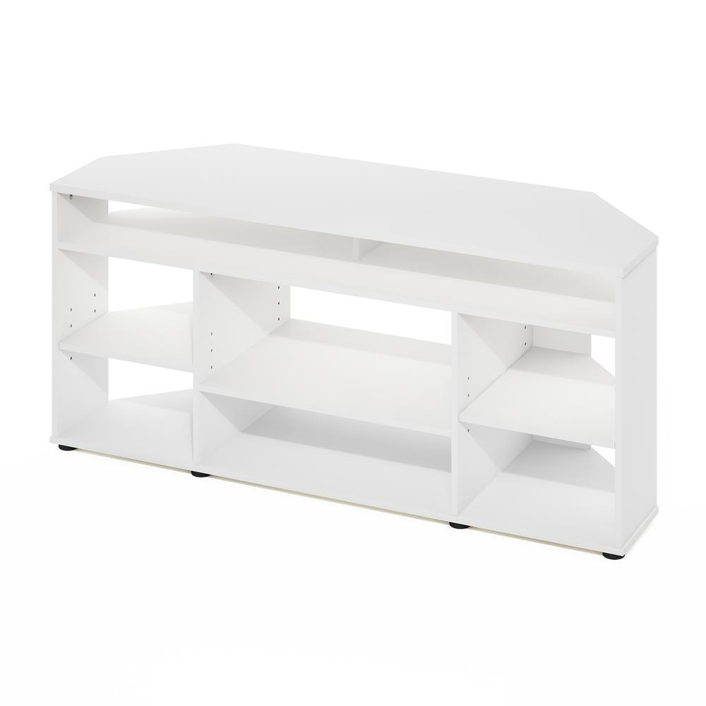 White Jensen corner TV stand for 55-inch TVs, modern furniture piece with storage compartments, by Start2Finish.