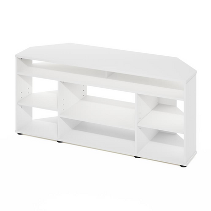 White Jensen corner TV stand for 55-inch TVs, modern furniture piece with storage compartments, by Start2Finish.