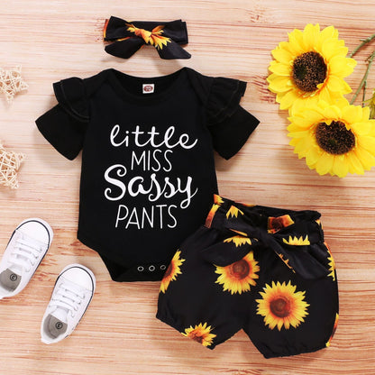 Carmine Juneberry SunnyBloom™ baby girl sunflower outfit with three-piece clothing set, including a sunhat, dress, and bloomers.