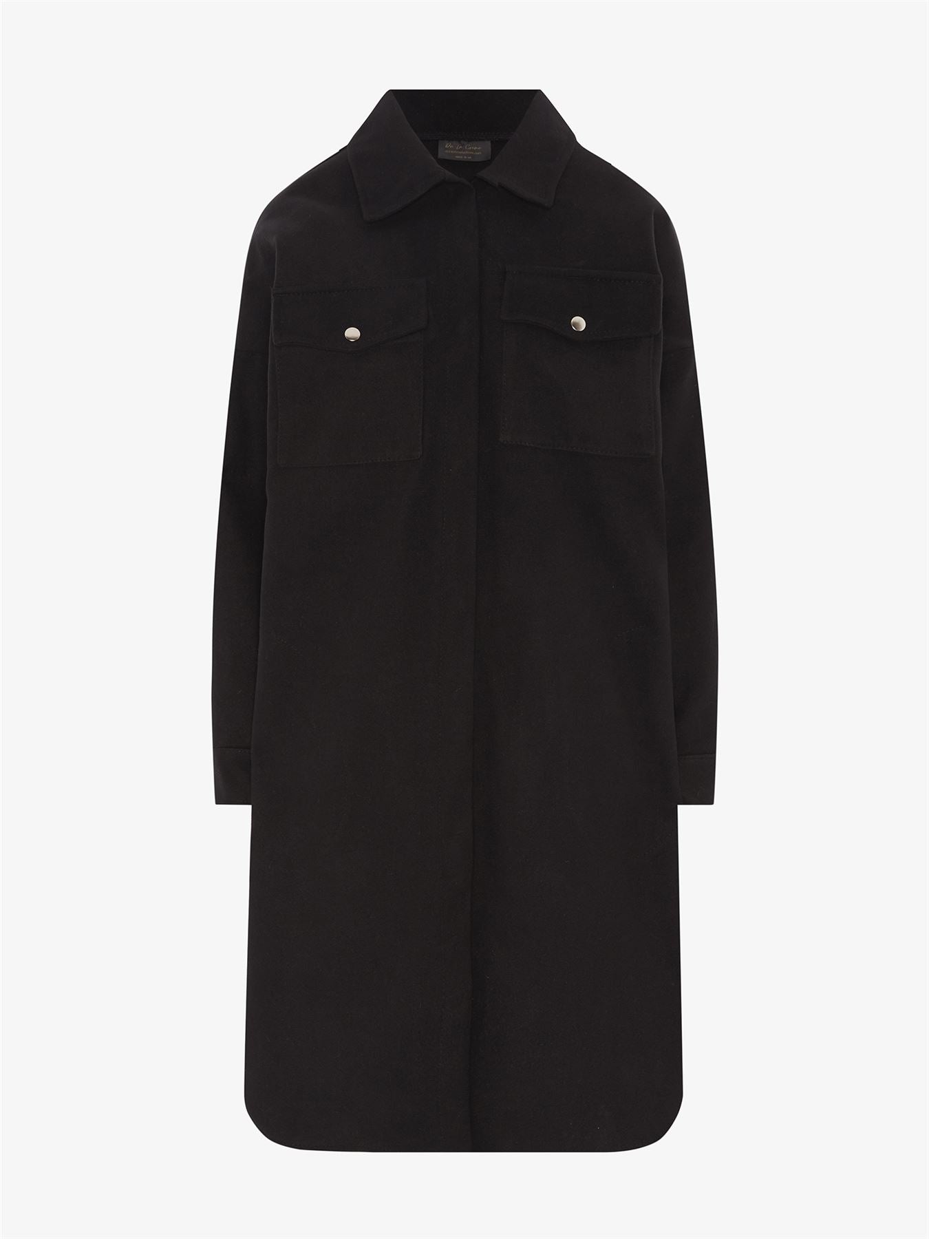 Rose Eleusis oversized longline shacket in neutral fabric, featuring a relaxed fit, button-front, and oversized collar.