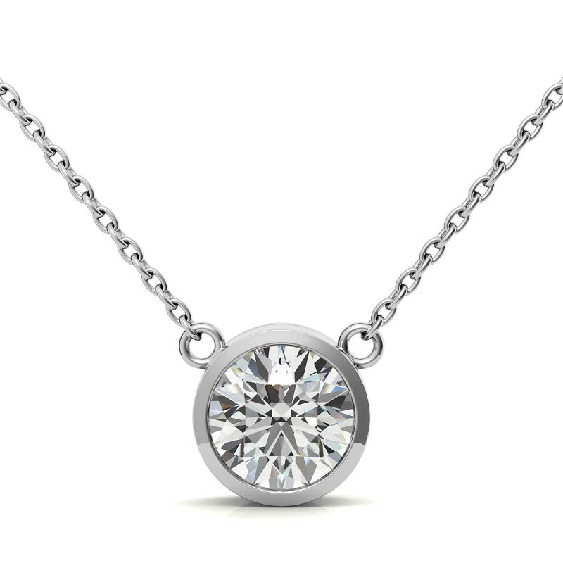 Start2Finish 3.00 CTW AGI Certified Lab Grown Diamond bezel pendant in 14K white or yellow gold, featuring a round brilliant cut diamond.