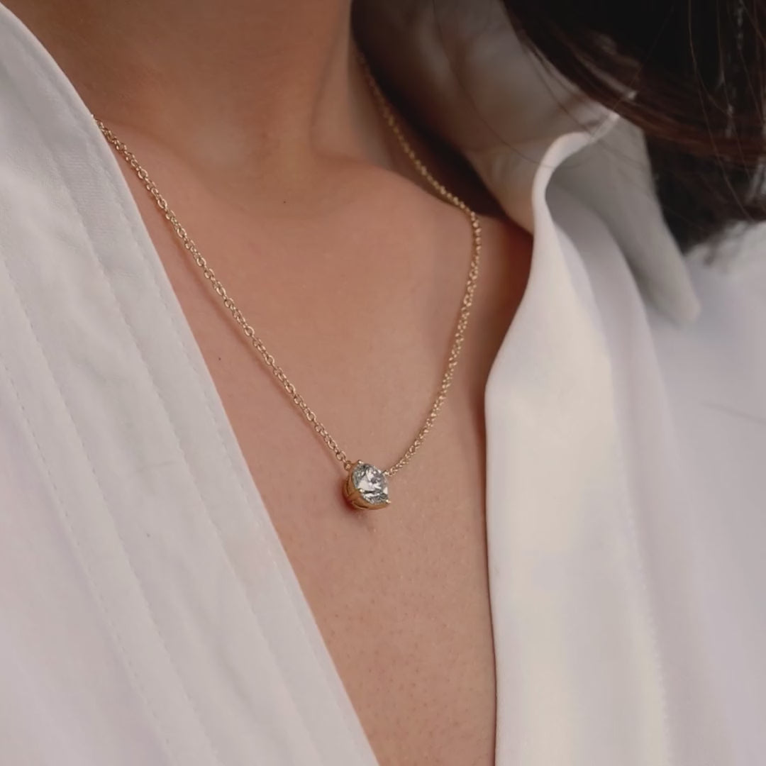 Start2Finish 3.00 ct lab-grown round diamond floating solitaire pendant in 14K white or yellow gold, AGI certified.