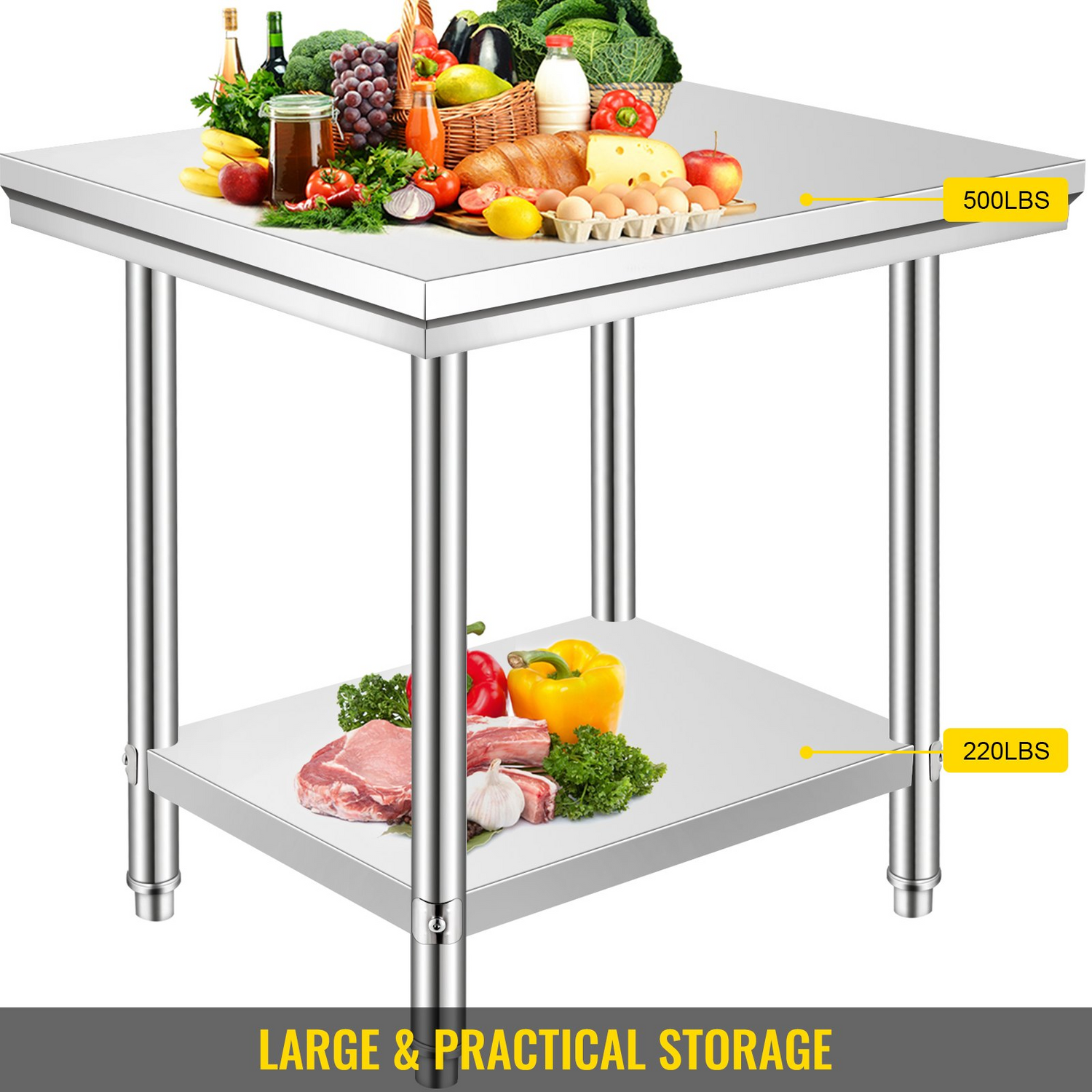 Start2Finish stainless steel prep table with adjustable height levels, durable commercial workstation for kitchen, garage, or restaurant.