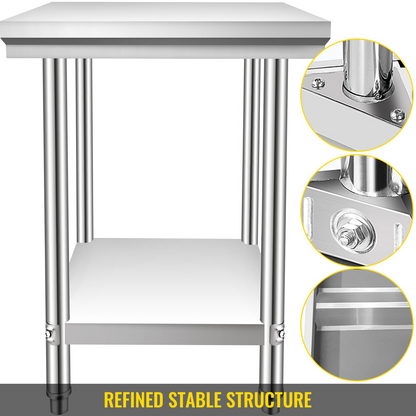 Start2Finish stainless steel prep table with adjustable height levels, heavy-duty work surface for commercial kitchen or garage use.