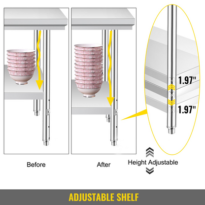 Start2Finish stainless steel prep table with 3 adjustable height levels, heavy-duty kitchen or workshop workstation.