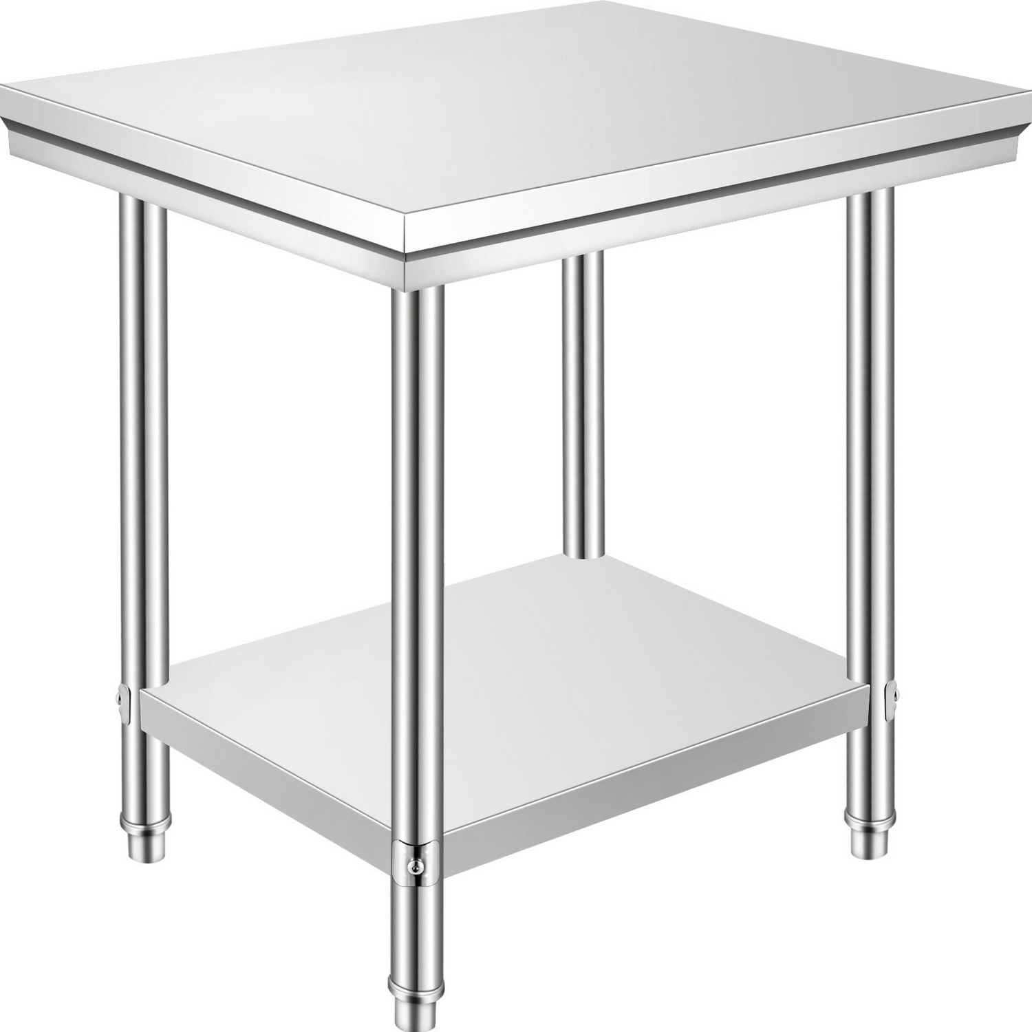 Stainless steel VEVOR prep table with adjustable height levels, heavy-duty metal work surface, ideal for commercial kitchens and garages.