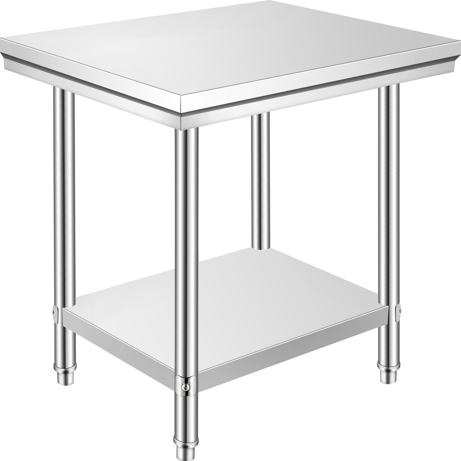 Stainless steel VEVOR prep table with adjustable height levels, heavy-duty metal work surface, ideal for commercial kitchens and garages.