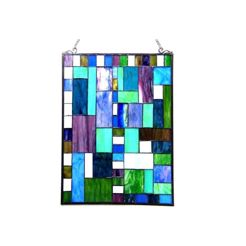 Start2Finish Tiffany-glass rectangle window panel with colorful geometric design, 18x24 inches for home decor.