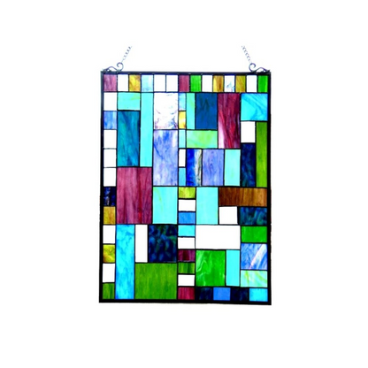 Start2Finish Tiffany-style glass rectangle window panel with vibrant colored geometric design, measuring 18x24 inches.